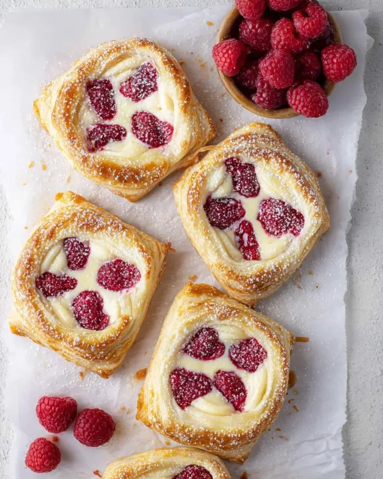 Overhead shot of five golden-brown Raspberry Cream Cheese Danish pastries dusted with powdered sugar, alongside a bowl of fresh raspberries.