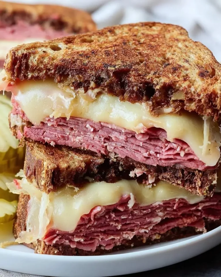 A close-up of a stacked, gooey, and delicious Reuben Pastrami Sandwich cut in half, showcasing layers of meat, melted cheese, and toasted rye bread.