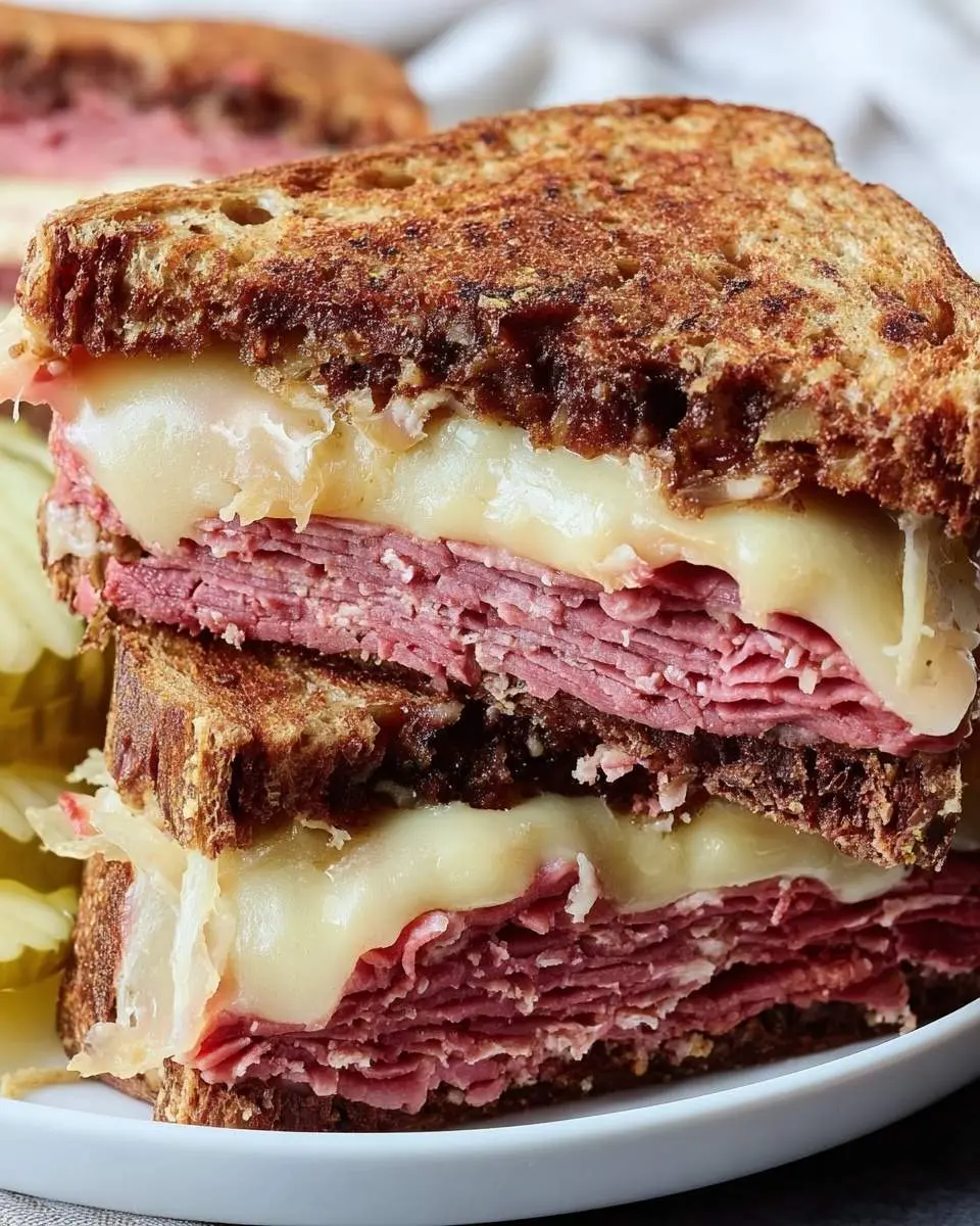 A close-up of a stacked, gooey, and delicious Reuben Pastrami Sandwich cut in half, showcasing layers of meat, melted cheese, and toasted rye bread.