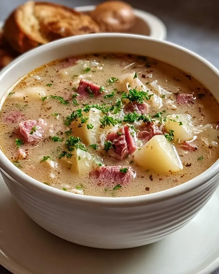 A close-up shot of a steaming bowl of hearty Reuben Soup, garnished with fresh parsley, with toasted bread in the background.