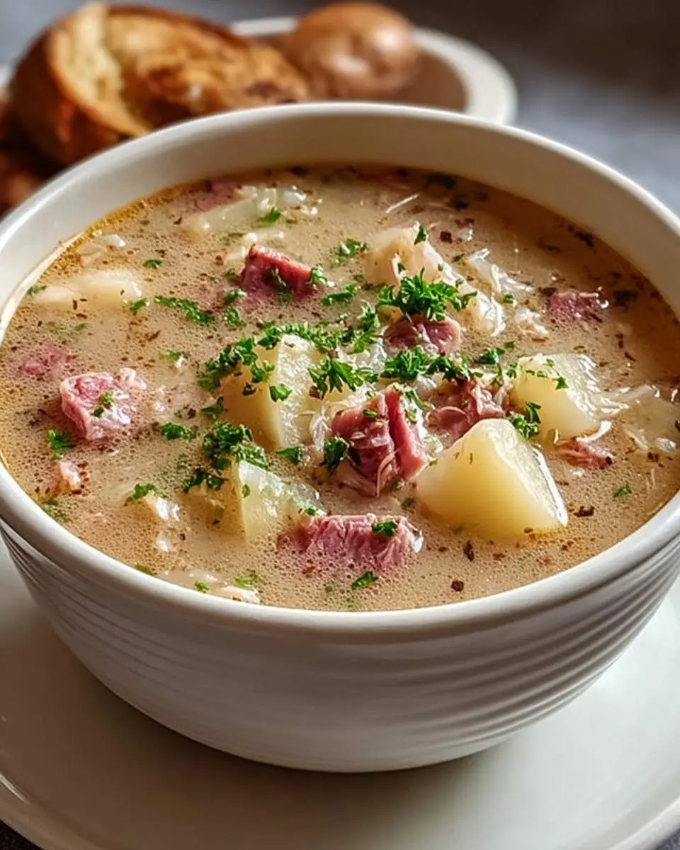 A close-up shot of a steaming bowl of hearty Reuben Soup, garnished with fresh parsley, with toasted bread in the background.