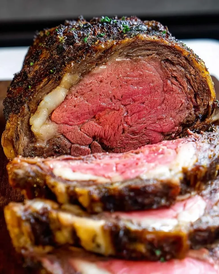 Close-up of a perfectly cooked and sliced Reverse-Sear Prime Rib Roast showing a beautiful pink, medium-rare interior and a savory, dark crust.
