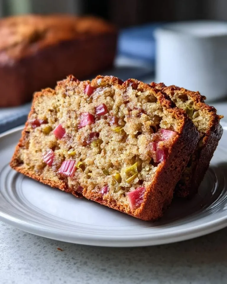 Two slices of homemade Rhubarb Bread with visible red and green rhubarb pieces on a white plate, with a loaf in the background.