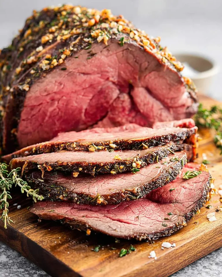 A perfectly cooked, medium-rare roast beef, seasoned with herbs and nuts, sliced on a wooden cutting board with fresh thyme.