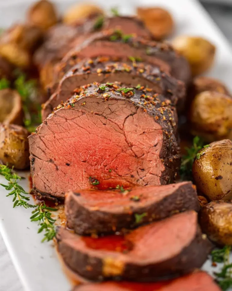 Close-up of a perfectly cooked and sliced Roast Beef Tenderloin, displaying its juicy, pink center, garnished with fresh herbs and roasted potatoes.