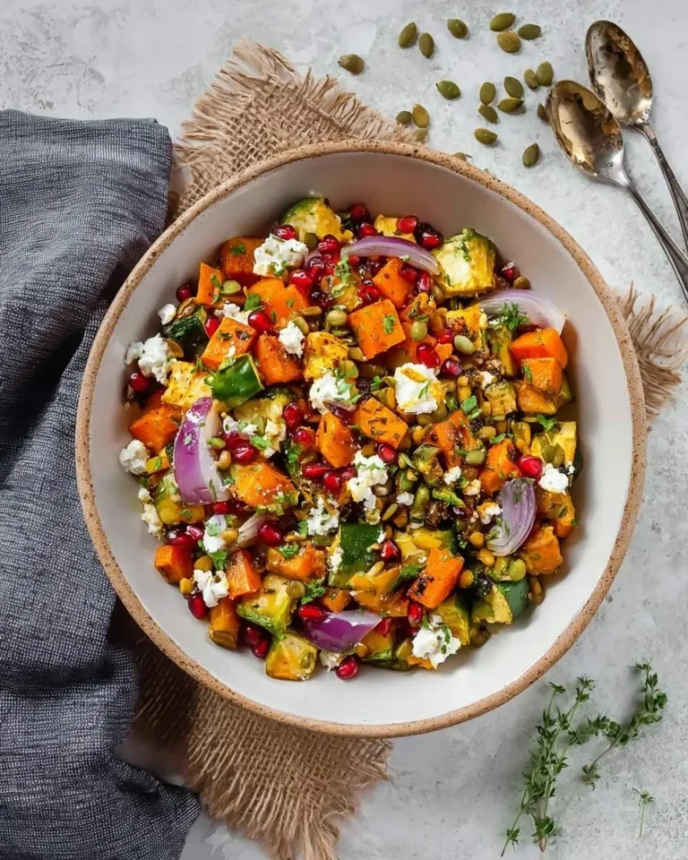 A vibrant bowl of Roasted Fall Harvest Salad featuring butternut squash, zucchini, feta, pomegranate, and red onion, garnished with pepitas and herbs on a textured table.