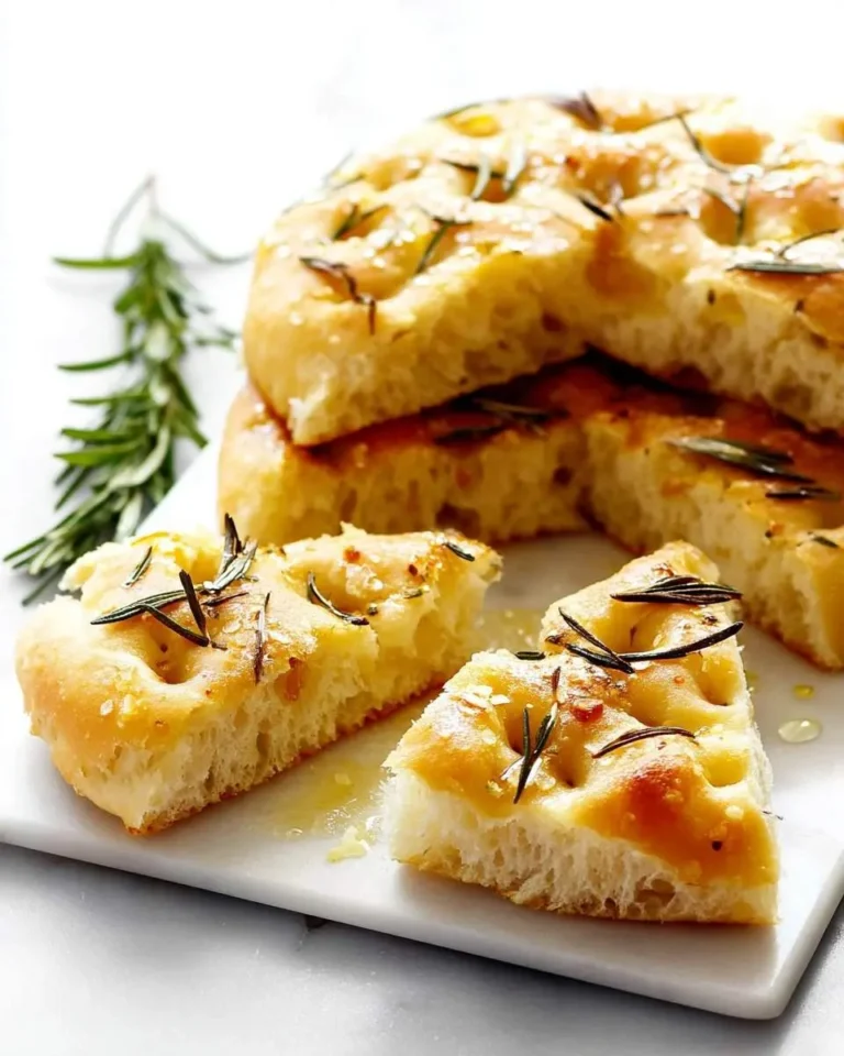 Slices of golden Rosemary Focaccia Bread topped with fresh rosemary and sea salt, drizzled with olive oil on a white marble board.