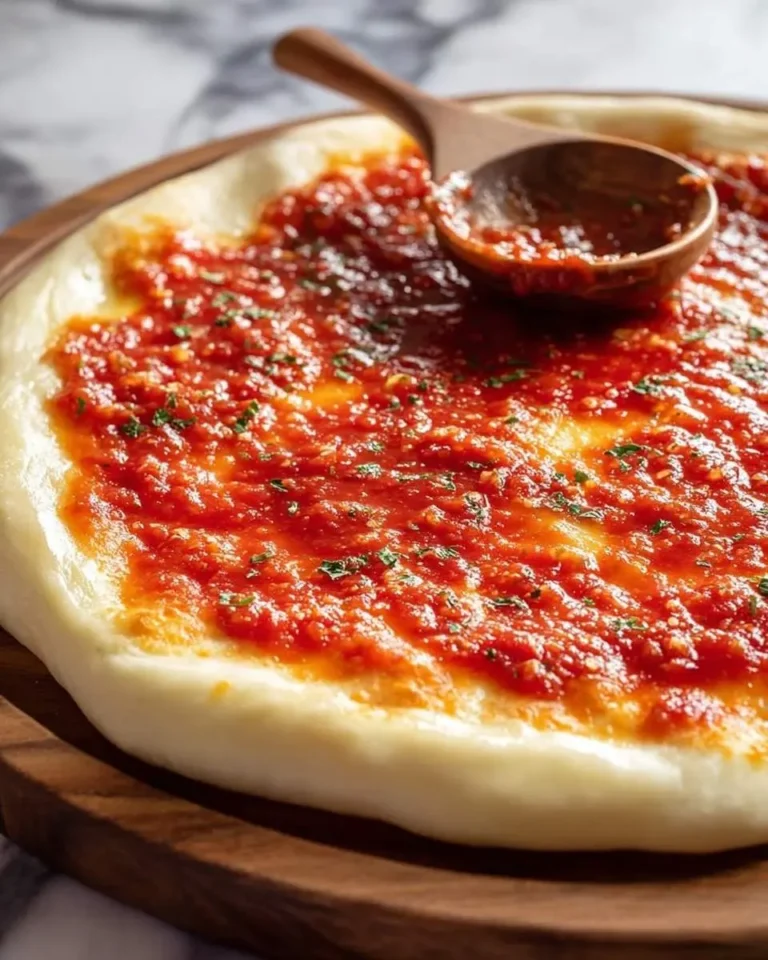 Close-up of a fresh pizza crust generously covered with vibrant San Marzano Pizza Sauce and green herbs, with a wooden spoon resting in the sauce.