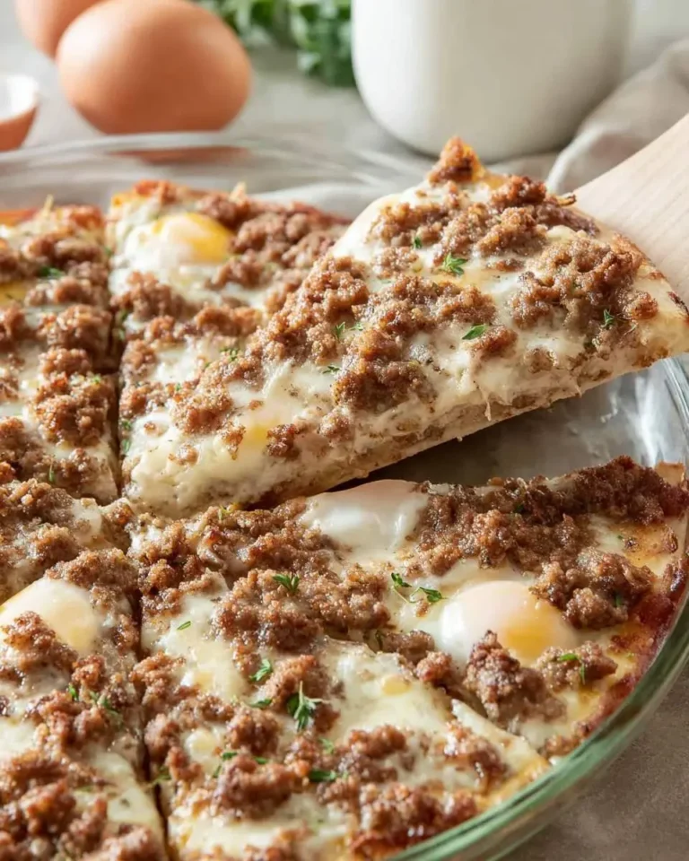 A slice of warm sausage breakfast pizza topped with melted cheese, visible eggs, and fresh thyme is lifted from a glass dish.