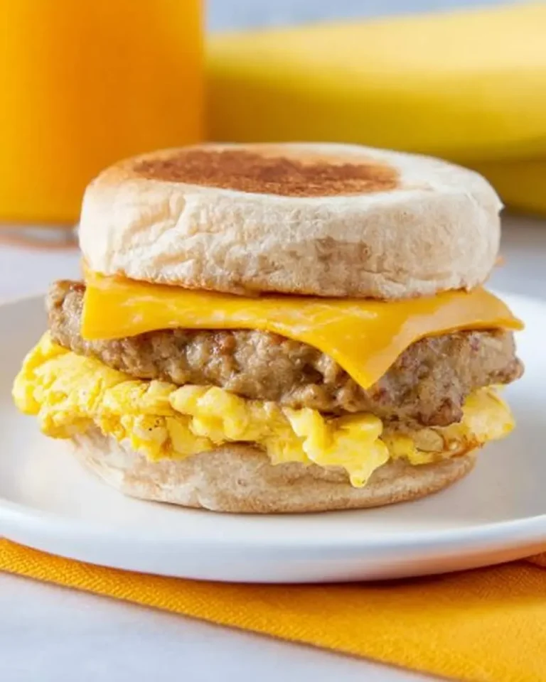 A delicious Sausage Egg and Cheese Breakfast Sandwich on an English muffin, served with orange juice and bananas.