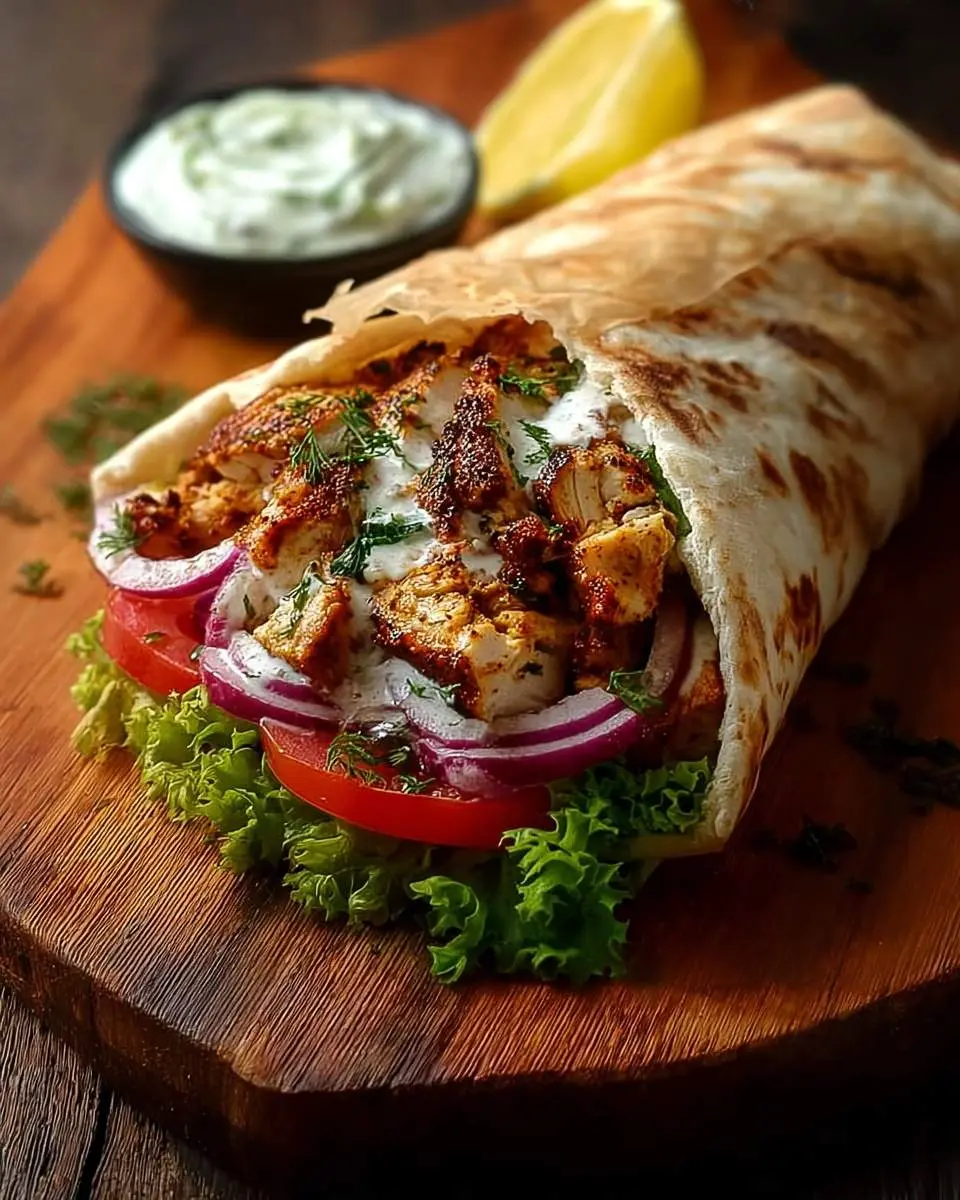 A close-up shot of a delicious Shawarma Chicken Sandwich filled with spiced chicken, fresh vegetables, and white sauce, served on a wooden board.