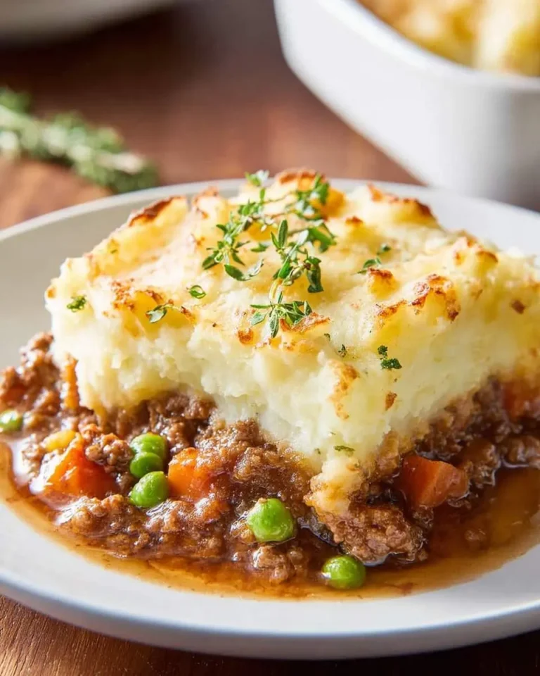 A delicious serving of golden-brown shepherd's pie with a hearty meat and vegetable filling, garnished with thyme, perfect for a sheppards pie recipe.