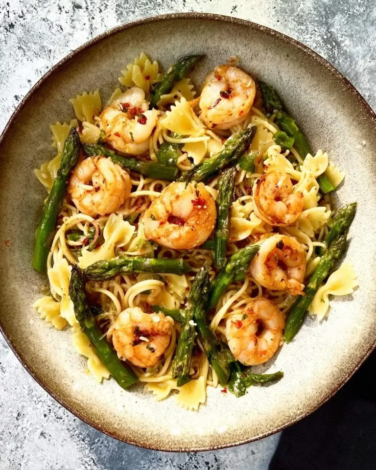 Delicious Shrimp and Asparagus Farfalle pasta with fresh green spears and succulent shrimp in a rustic bowl.