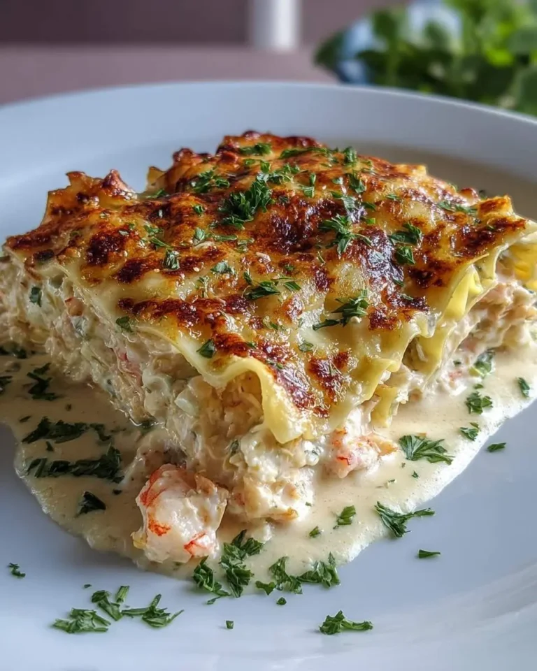 A mouth-watering slice of golden-baked Shrimp and Crab Alfredo Lasagna Roll, richly topped with bubbly cheese and fresh parsley.