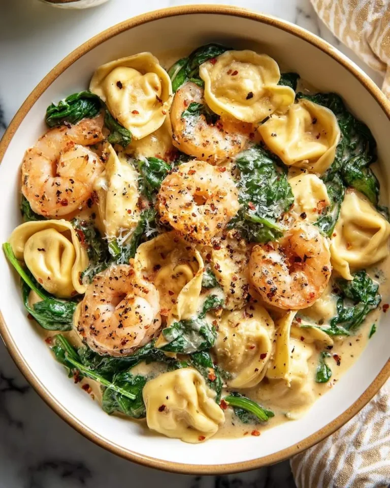 A close-up shot of a bowl filled with creamy Shrimp and Spinach Tortellini, garnished with red pepper flakes and grated cheese.