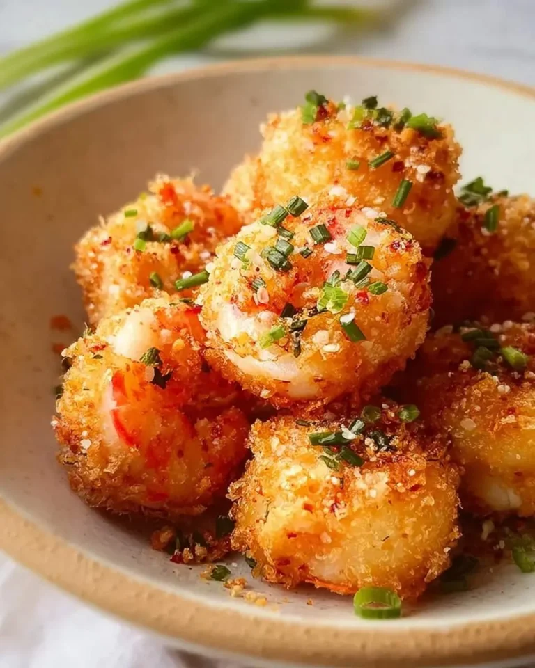 A close-up of golden-fried Shrimp Balls, breaded and garnished with fresh chives and red spice, served in a light brown bowl.