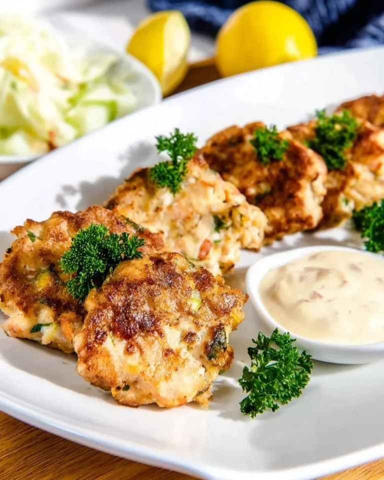 A platter of golden-brown Shrimp Cakes with fresh parsley garnish, served alongside a small bowl of Lemon Aioli, lemons, and a side salad.