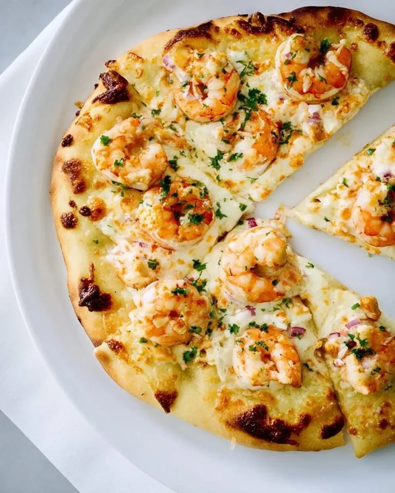 A mouth-watering close-up of a Shrimp Pizza with a golden crust, melted white cheese, numerous cooked shrimp, red onion, and fresh parsley, served on a white plate.