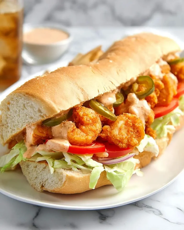 A mouthwatering Shrimp Po Boy Sandwich overflowing with golden fried shrimp, crisp lettuce, ripe tomatoes, and spicy jalapeños.