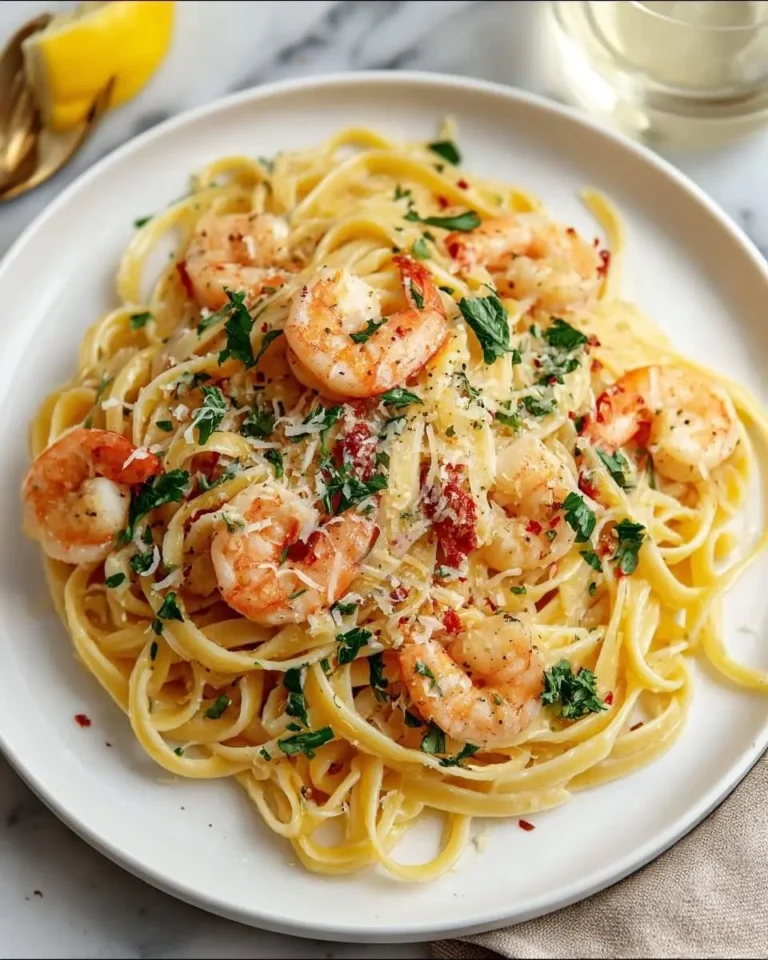 A white plate holds a generous serving of Shrimp Scampi Pasta, adorned with fresh parsley, Parmesan, and red pepper flakes.