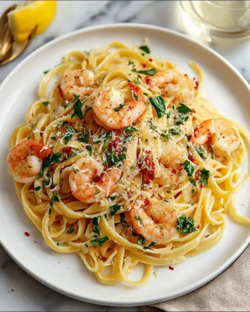 A white plate holds a generous serving of Shrimp Scampi Pasta, adorned with fresh parsley, Parmesan, and red pepper flakes.