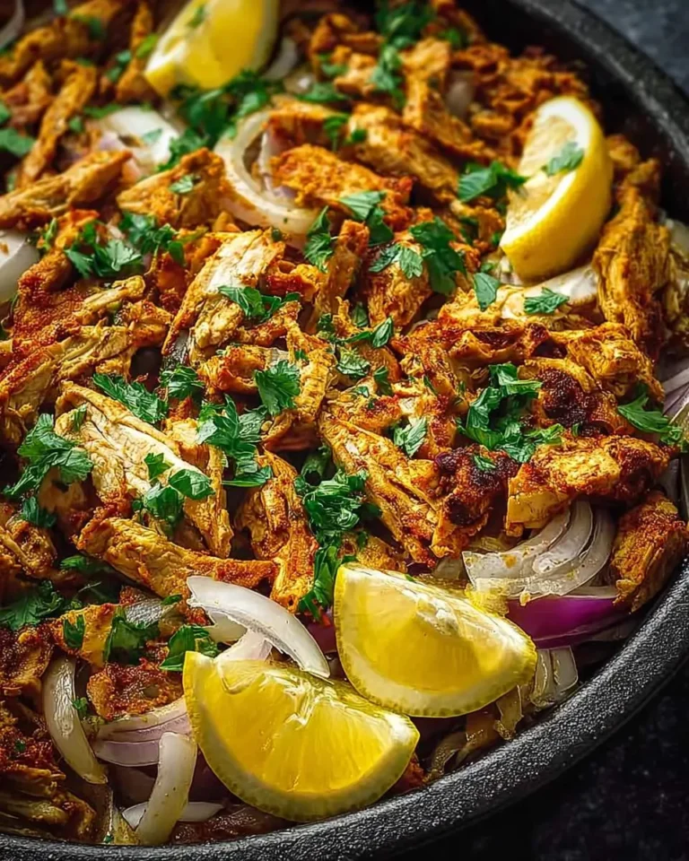 A close-up of flavorful slow cooker chicken shawarma garnished with fresh parsley, sliced onions, and lemon wedges in a dark pan.