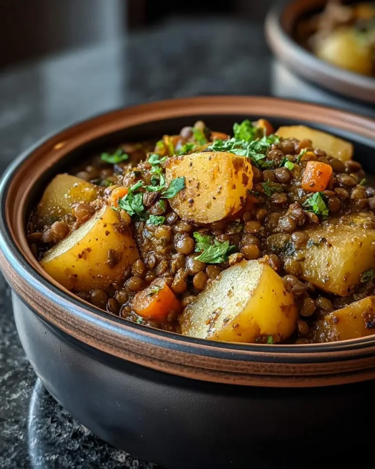 A close-up of a rich, rustic Slow Cooker Potato Lentil Pot, generously garnished with fresh parsley in a dark ceramic bowl.