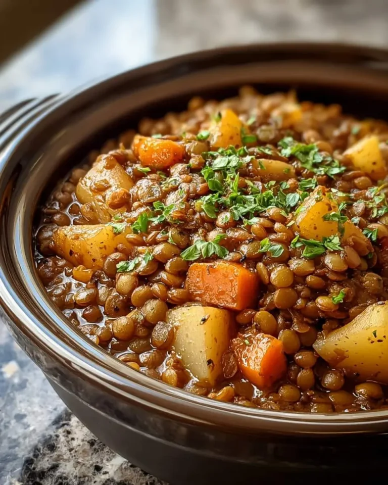 A close-up of a warm, rich Slow Cooker Potato Lentil Pot garnished with fresh parsley, served in a dark brown bowl.