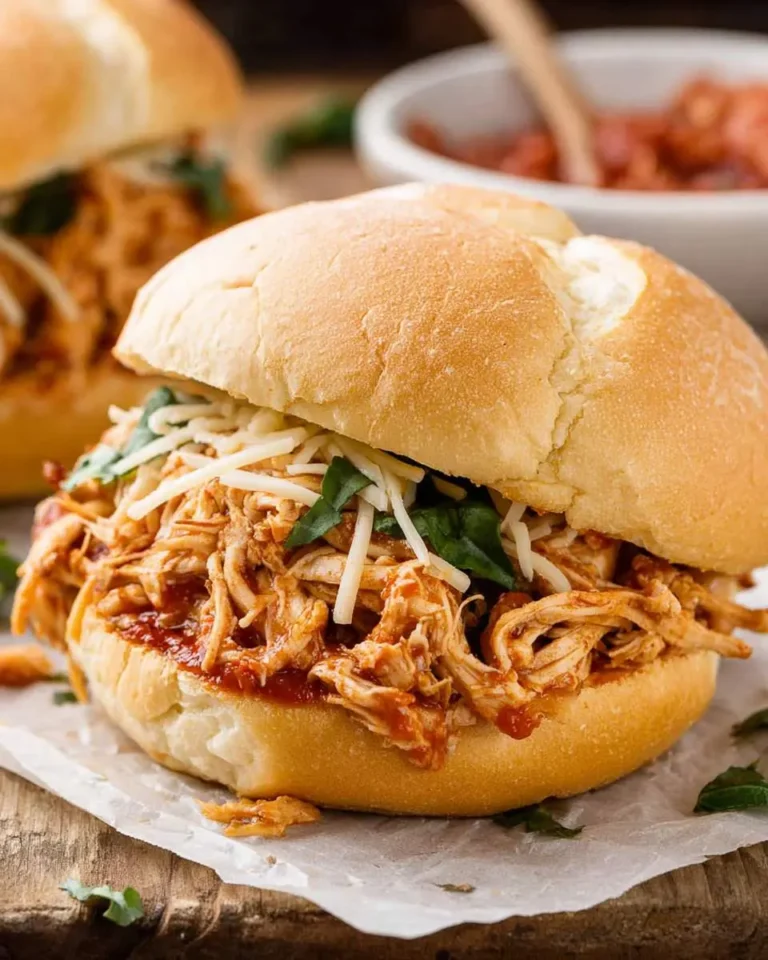 A close-up shot of a savory Slow Cooker Shredded Chicken Sandwich, loaded with saucy chicken, melted cheese, and fresh greens.