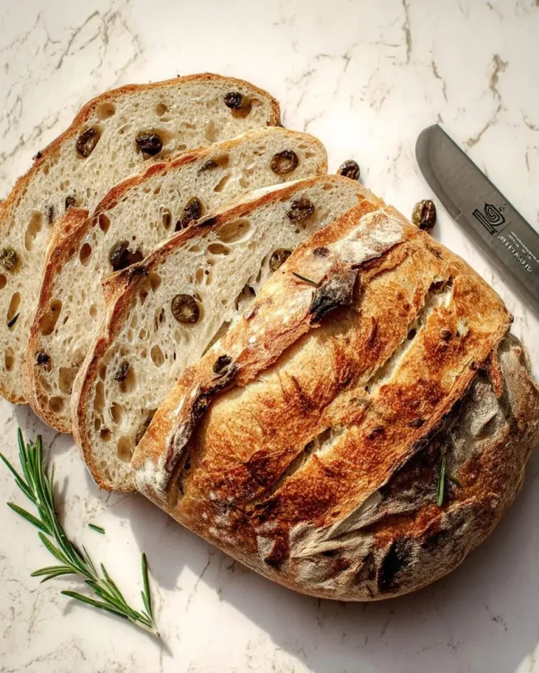 A beautifully sliced loaf of Sourdough Olive Bread on a marble surface, accompanied by fresh rosemary and a bread knife.