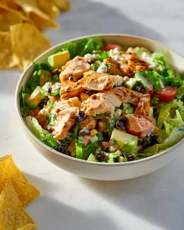 Southwest Chicken Salad in a bowl with grilled chicken, fresh vegetables, creamy dressing, and tortilla chips.