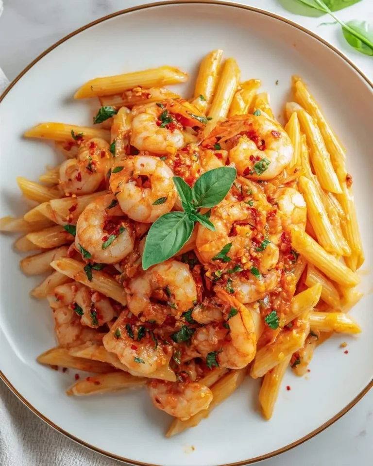 A vibrant white plate of Spicy Shrimp Arrabbiata featuring penne pasta, plump shrimp in a rich red sauce, garnished with fresh basil.