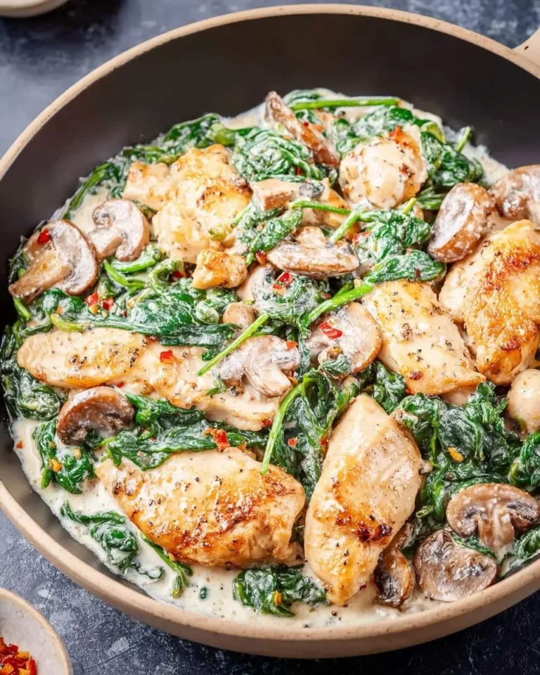 A close-up view of a delicious creamy spinach chicken skillet with mushrooms, garnished with red chili flakes in a dark pan.