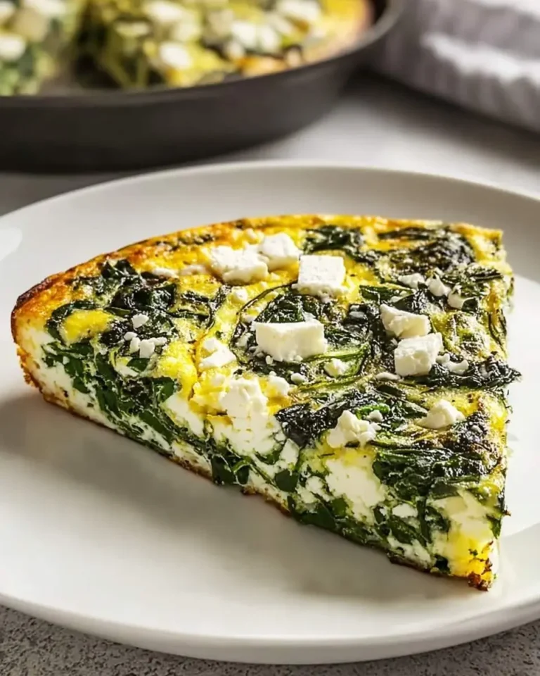 A delicious slice of Spinach & Feta Frittata on a white plate, showcasing golden eggs, vibrant green spinach, and crumbled white feta cheese.