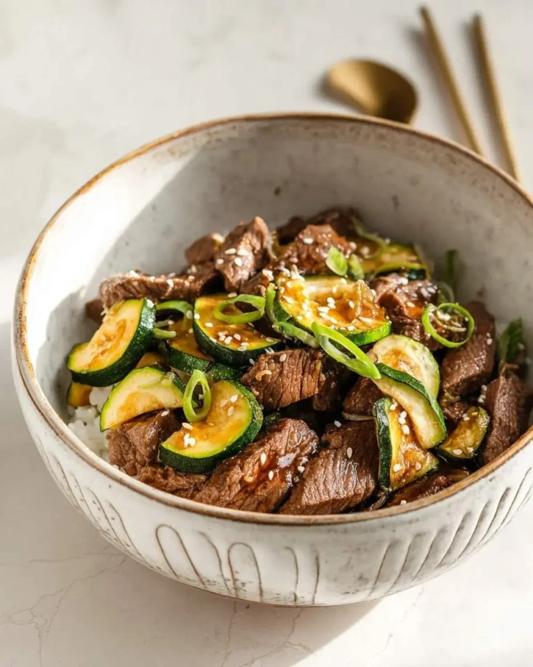 A close-up of a delicious Steak Bowl with Zucchini, featuring tender beef, sautéed zucchini, white rice, sesame seeds, and green onions in a rustic bowl.