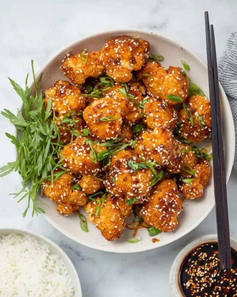 A bowl of crispy Sticky Sesame Cauliflower garnished with sesame seeds and green onions, served with white rice and dipping sauce.