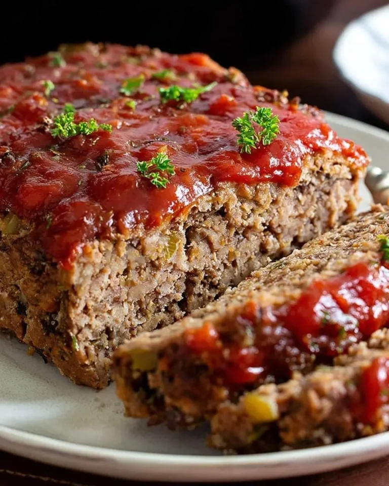 A sliced loaf of Stove Top Stuffing Meatloaf topped with a rich red sauce and fresh parsley on a white plate.