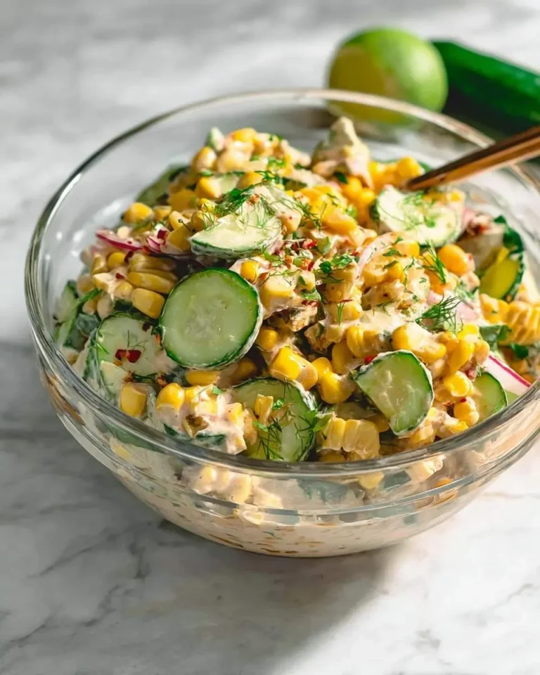 A vibrant bowl of creamy Street Corn Cucumber Salad with fresh dill and red pepper flakes, served on a marble countertop.