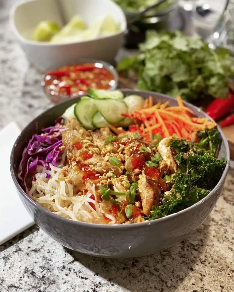 A delicious Sweet Chili Chicken Bowl featuring crispy chicken, rice vermicelli, fresh veggies, peanuts, and sauce.