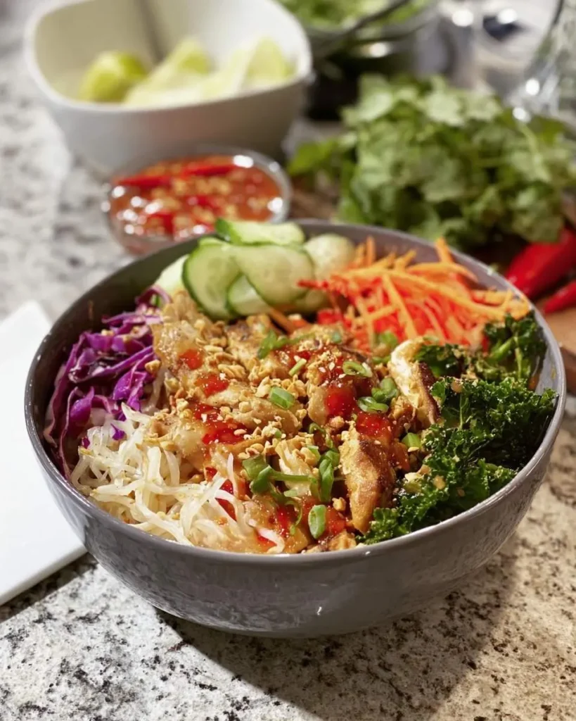 A delicious Sweet Chili Chicken Bowl featuring crispy chicken, rice vermicelli, fresh veggies, peanuts, and sauce.