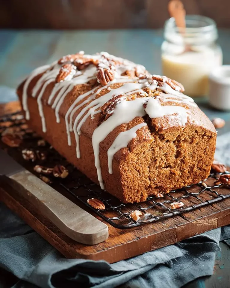 A delicious loaf of Sweet Potato Bread, drizzled with white icing and topped with pecans, resting on a cooling rack.