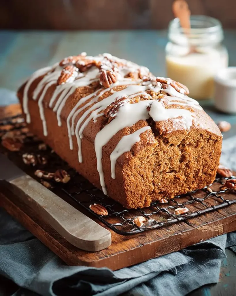 A delicious loaf of Sweet Potato Bread, drizzled with white icing and topped with pecans, resting on a cooling rack.
