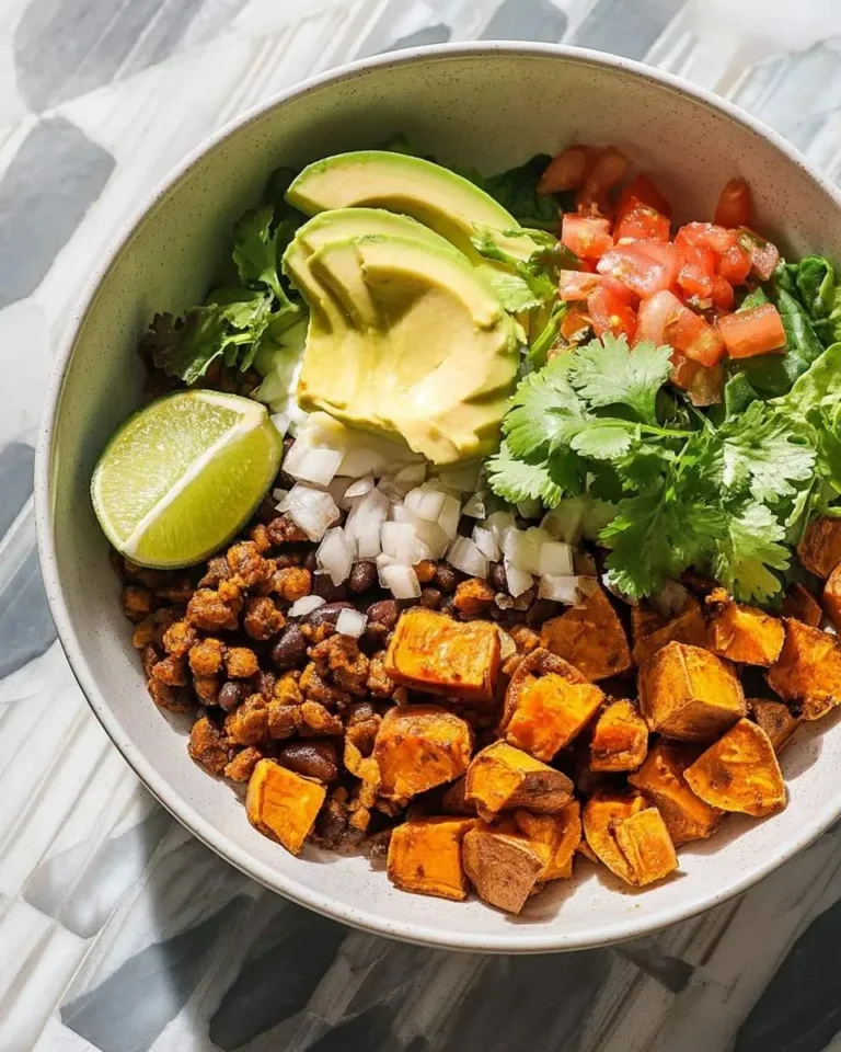 A vibrant Sweet Potato Taco Bowl featuring sliced avocado, a lime wedge, diced tomatoes, cilantro, black beans, seasoned crumble, and roasted sweet potato cubes.