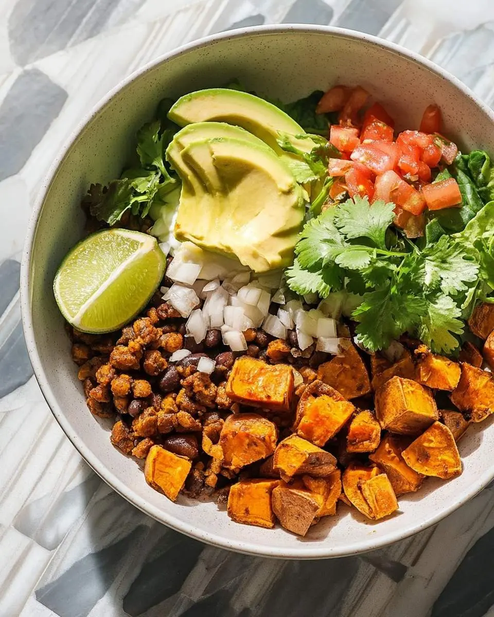 A vibrant Sweet Potato Taco Bowl featuring sliced avocado, a lime wedge, diced tomatoes, cilantro, black beans, seasoned crumble, and roasted sweet potato cubes.