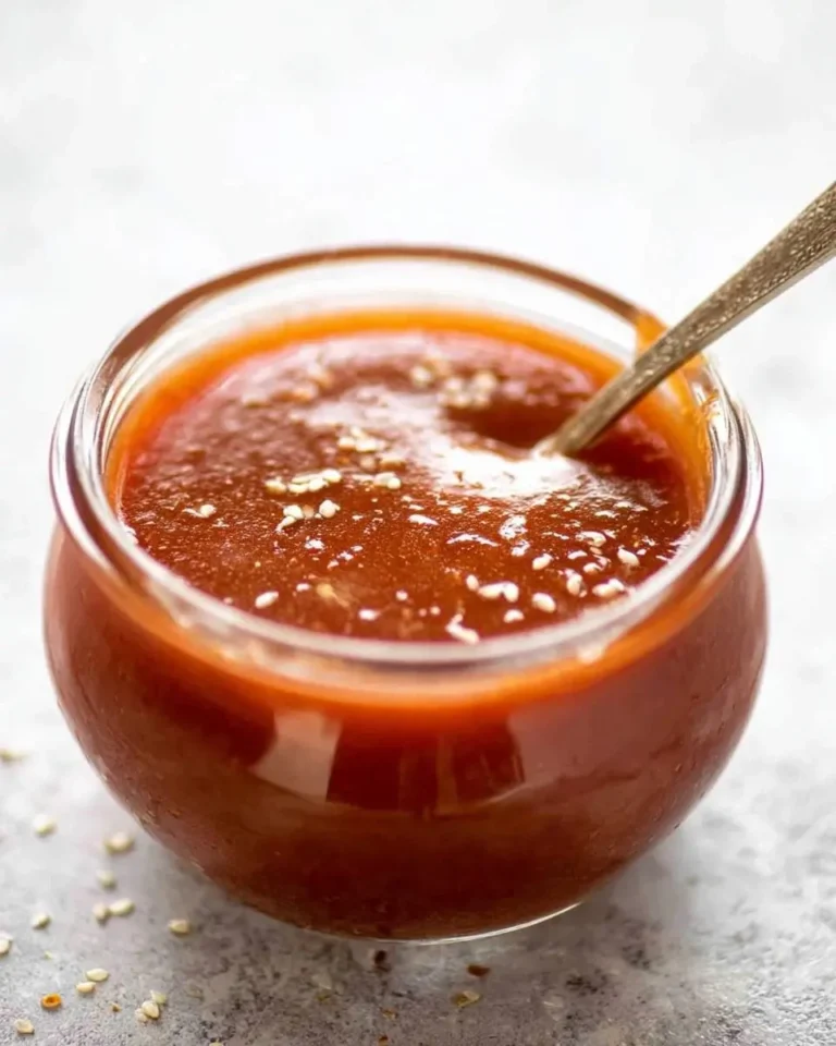A clear glass bowl holds a rich, reddish-brown taco sauce, garnished with white sesame seeds and a small spoon.