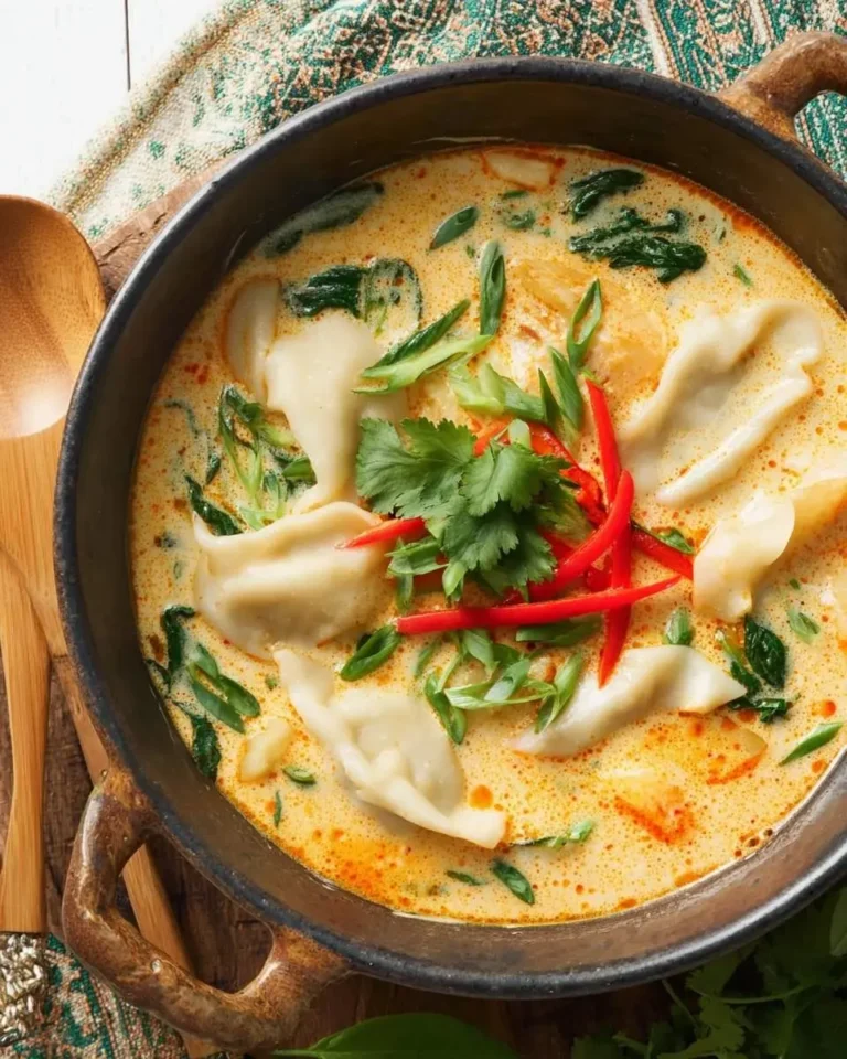 A close-up, overhead shot of a rustic black bowl filled with creamy Thai Coconut Potsticker Soup, garnished with red chilies and fresh cilantro.