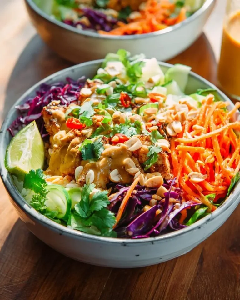 A vibrant Thai Peanut Chicken Buddha Bowl filled with grilled chicken, creamy peanut sauce, shredded carrots, red cabbage, fresh cilantro, chopped peanuts, and a lime wedge.
