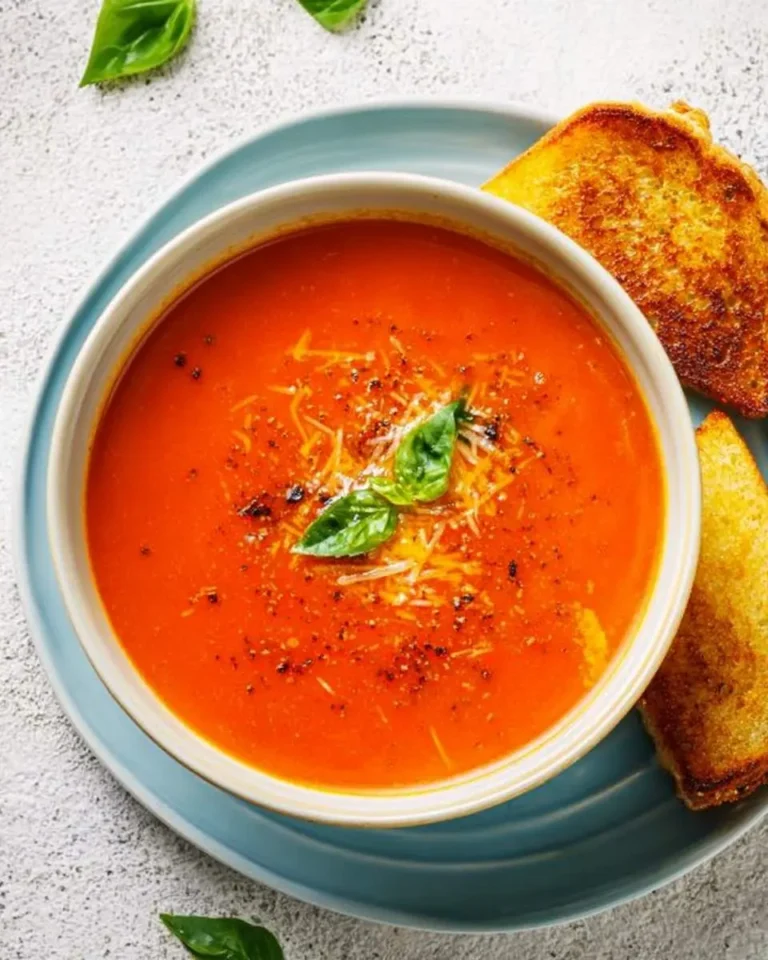 A vibrant bowl of tomato soup garnished with cheese and basil, served with golden-brown grilled bread on a light blue plate.