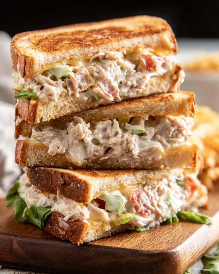 A stack of three golden-brown toasted Tuna Melt Sandwiches with creamy tuna salad, melted cheese, and fresh lettuce on a wooden board.