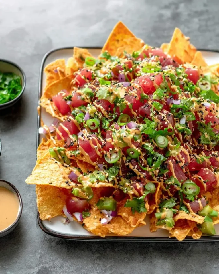 A close-up of vibrant tuna poke nachos on a white plate, loaded with diced tuna, avocado, red onion, green onions, sauce, and sesame seeds.